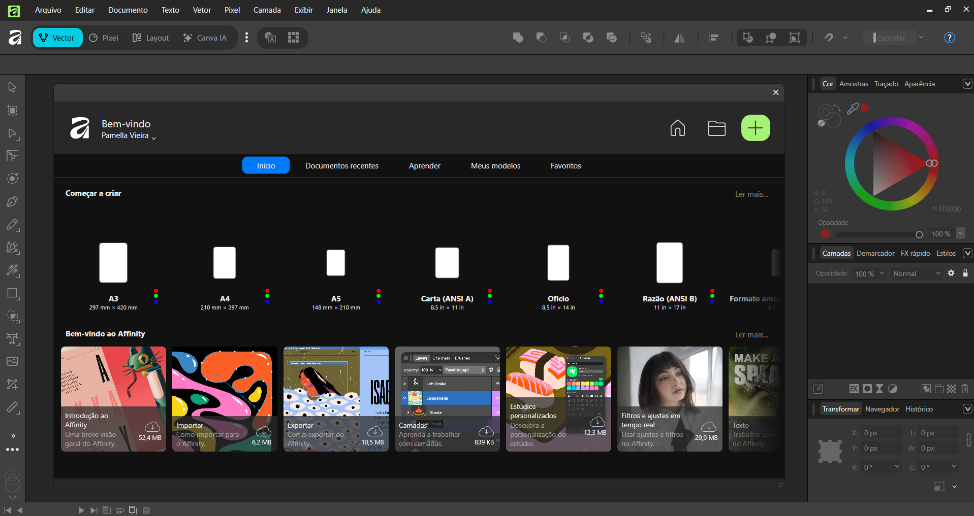 Interface Profissional do Affinity